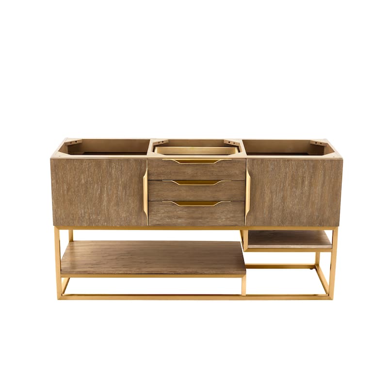 James Martin Vanities Columbia 59" Double Vanity, Latte Oak with Radiant Gold Hardware - Cabinet Base Only - No Countertop
