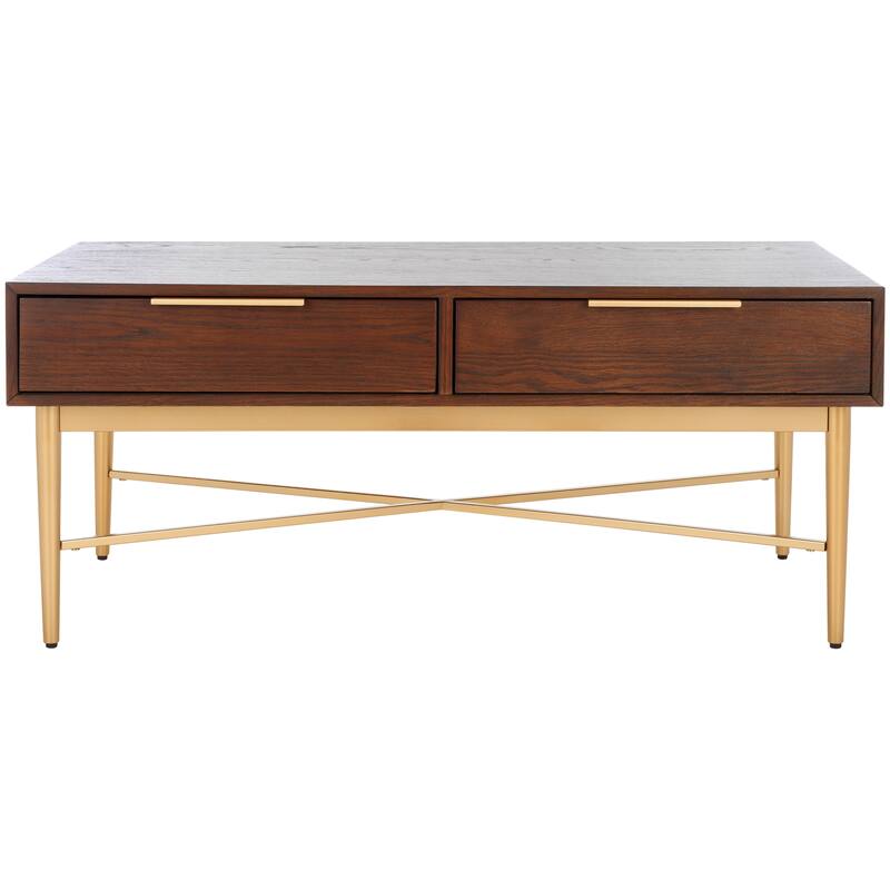SAFAVIEH Hellen 2-Drawer Rectangle Coffee Table - 42 In. W x 22 In. D x 18 In. H - 42Wx22Dx18H - Walnut/Gold