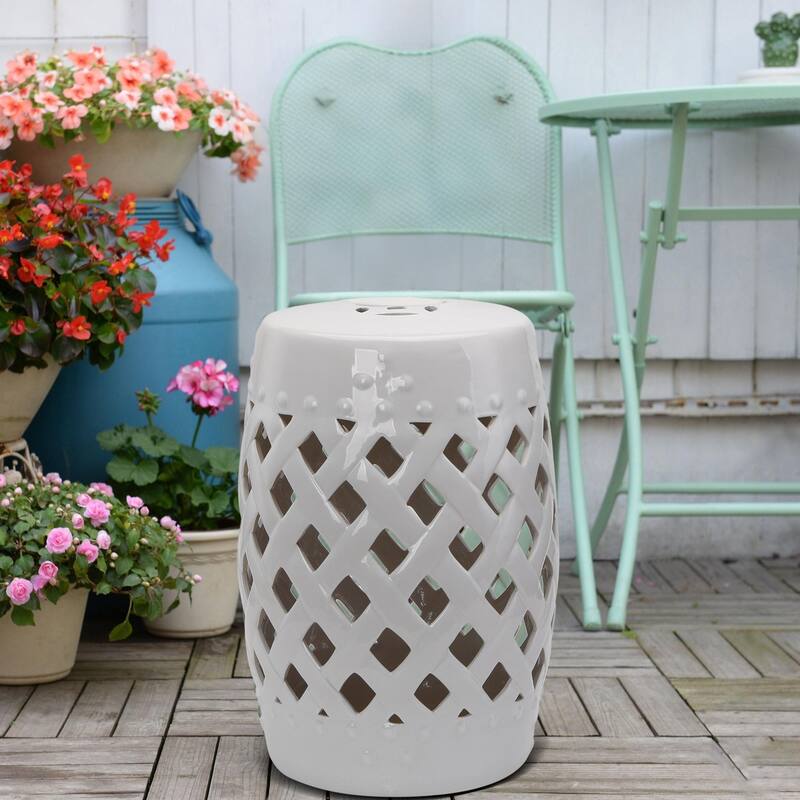 Outsunny Ceramic Indoor Outdoor Lattice Garden Stool - Ceramic - White