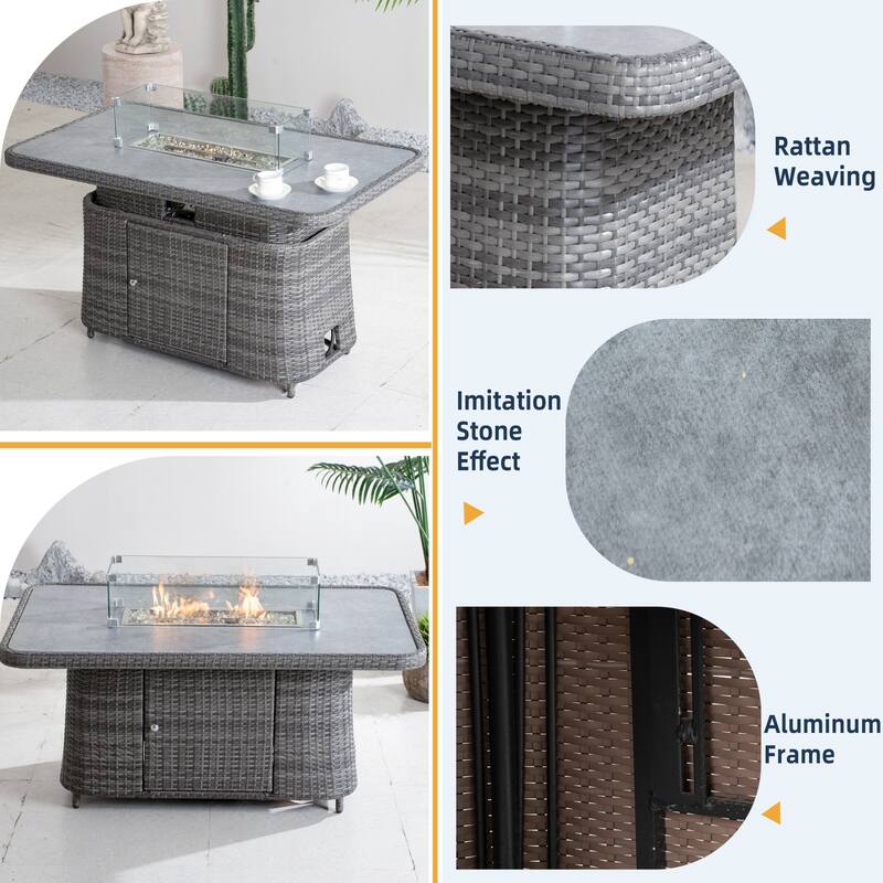 7-Piece PE Wicker Patio Fire Pit Sofa Set with Adjustable Propane Fire Table and Storage Side Tables