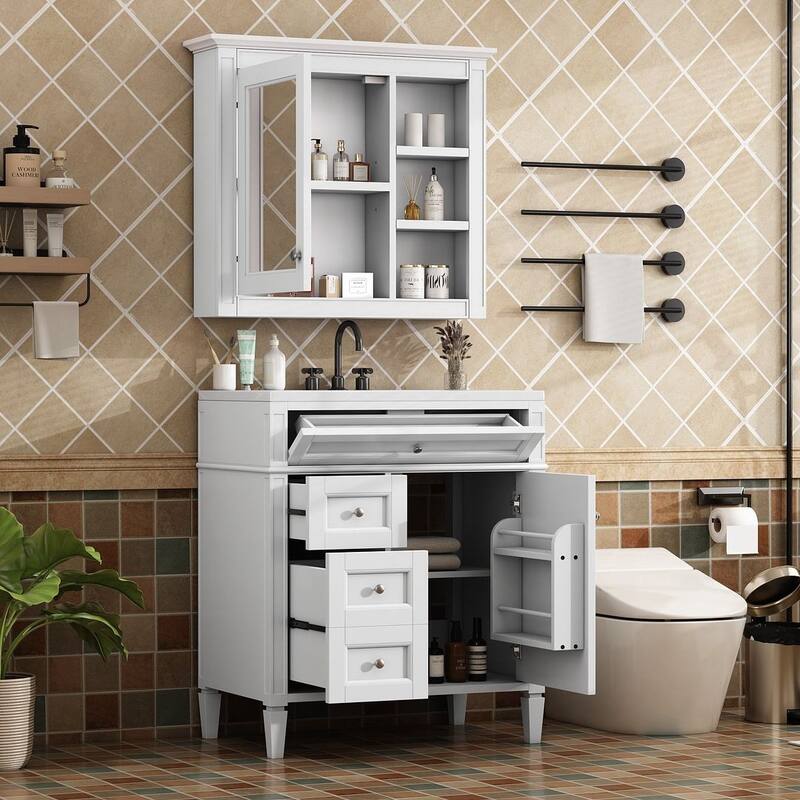 30" Modern Bathroom Vanity with Top Sink and 2 Drawers and a Tip-out Drawer