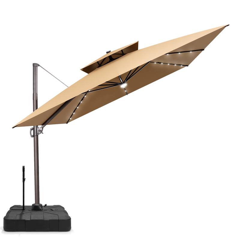 VredHom 11 FT Square Outdoor Patio Cantilever Umbrella Solar LED Lighted with Rod Base - Tan