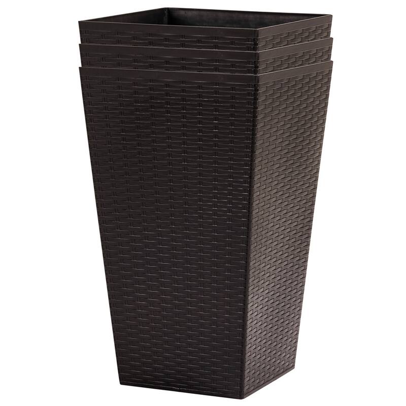 Set of 3 Tall Rattan Style Planter Pots UV Resistant Plastic with Drainage for Indoor and Outdoor Use