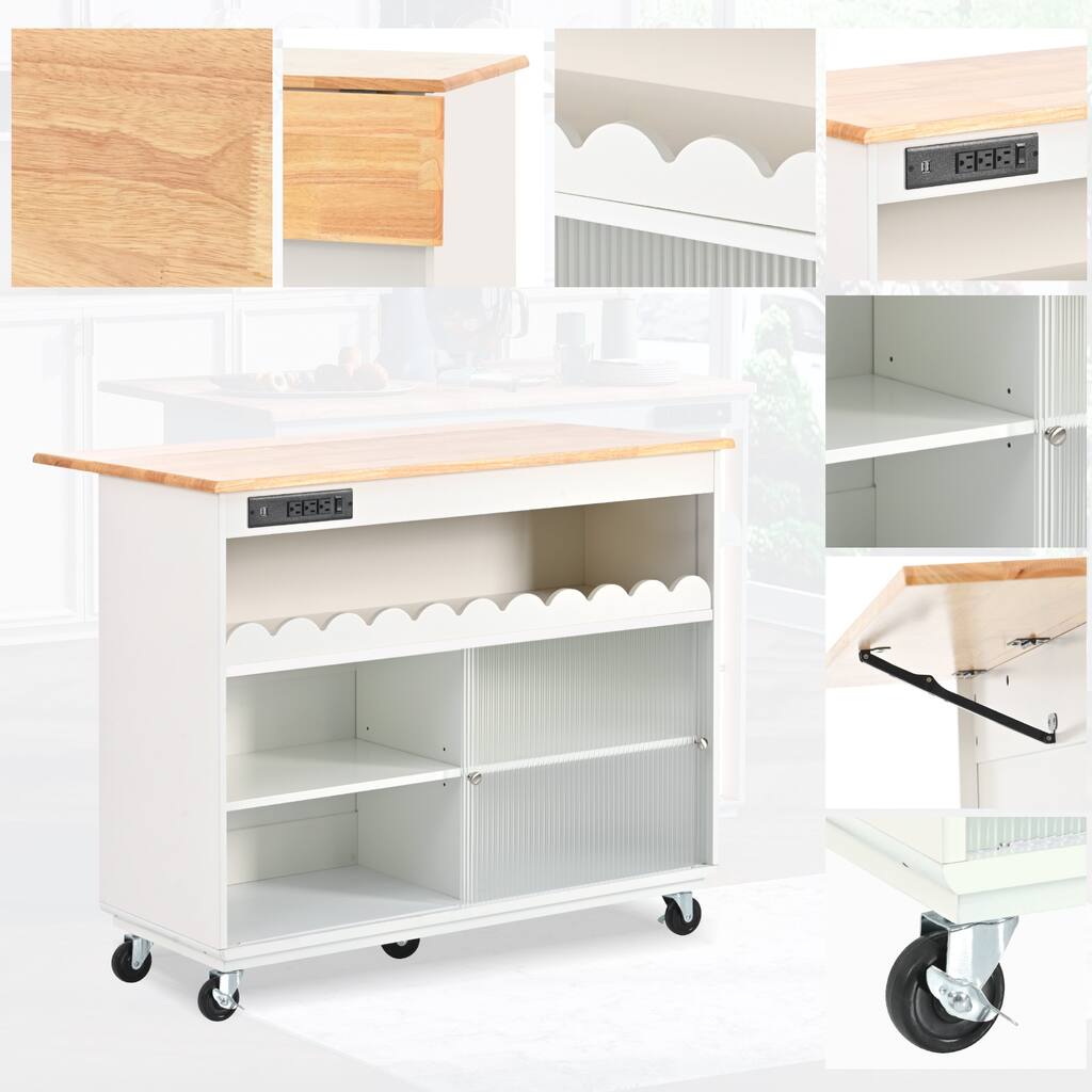 White Kitchen Island Cart w/ Power Outlets, LED Light Kitchen Cart on Wheels Sliding Fluted Glass Doors Kitchen Island Table