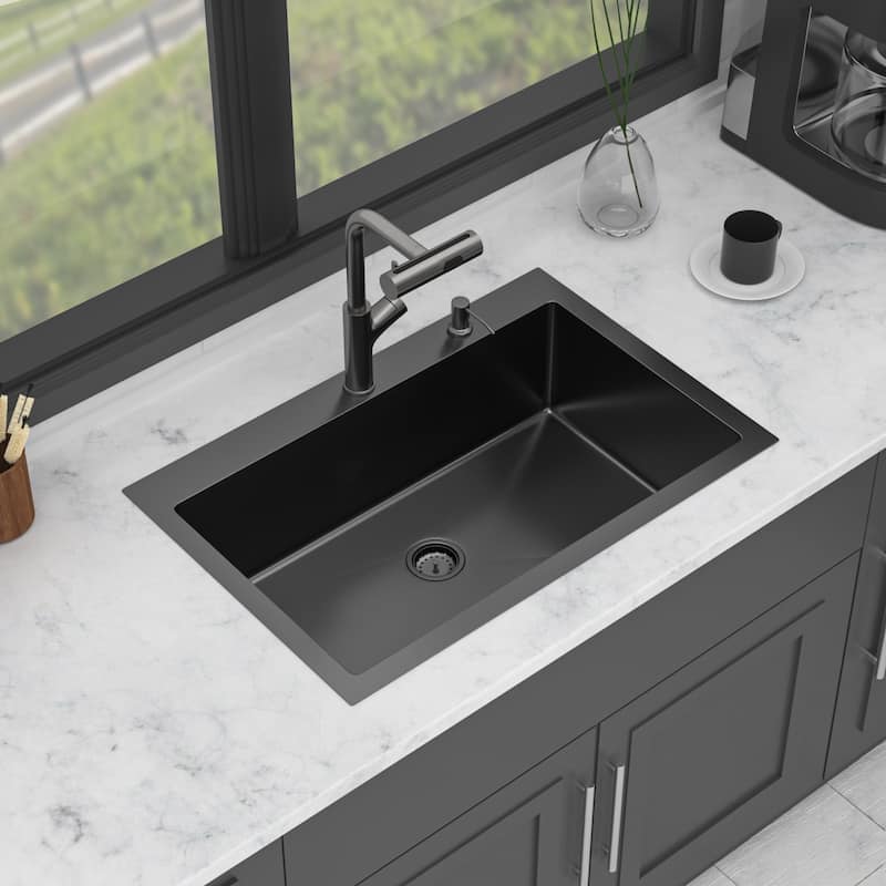 33" Drop-in Gunmetal Black Kitchen Sink Soap Dispenser 33x22x10 inch Single Bowl 16 Gauge Stainless Steel