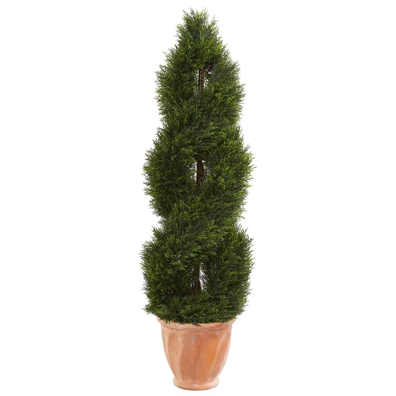 4.5ft Double Pond Cypress Topiary Artificial Tree Spiral Design in Terracotta Planter UV Resistant - Green
