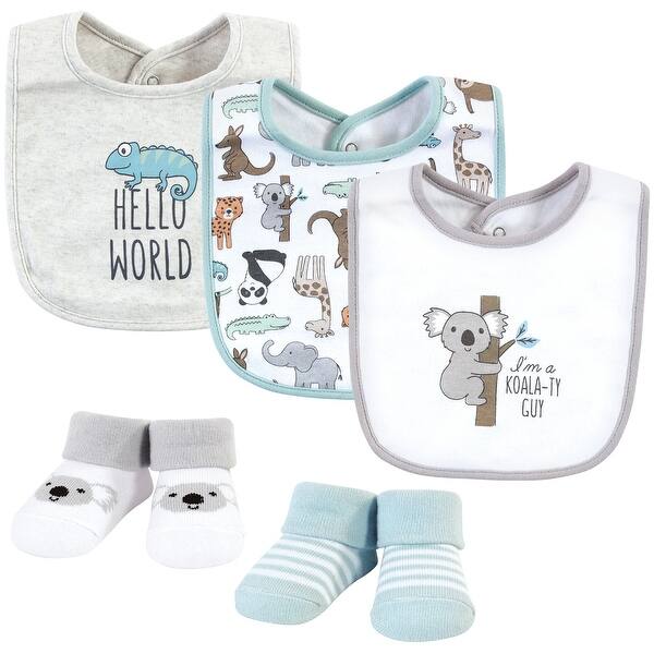 slide 1 of 1, Hudson Baby Infant Boy Cotton Bib and Sock Set, Zoo Animals, One Size - Zoo Animals - One Size