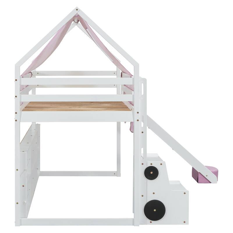 Twin Size Wooden Loft Bed with House-Shaped Frame, Tent, Slide, and Storage, White and Pink