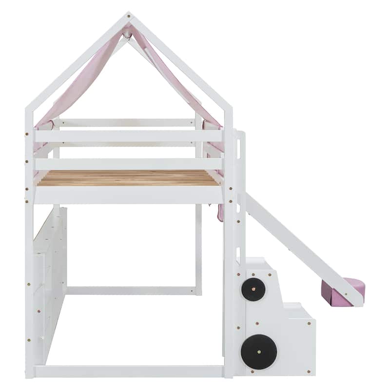 Twin Wooden Loft Bed with House Frame Slide Ladder and Storage Shelves