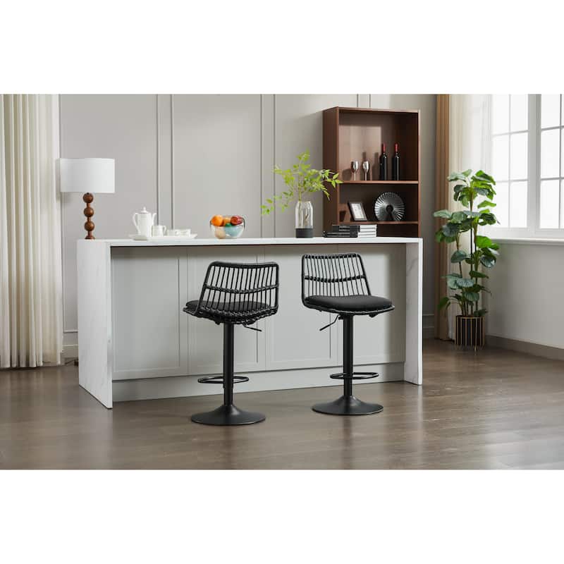 Set of 2 Vintage Rattan Bar Stool, 360° Swivel Seat Chair with Metal Base, Adjustable Height Counter Height Chair with Footrest