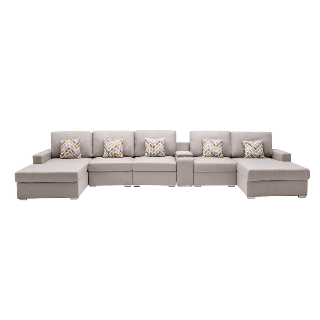 Linen Fabric 6 Piece Double Chaise Sectional Sofa with Storage Console Table and 5 Pillows