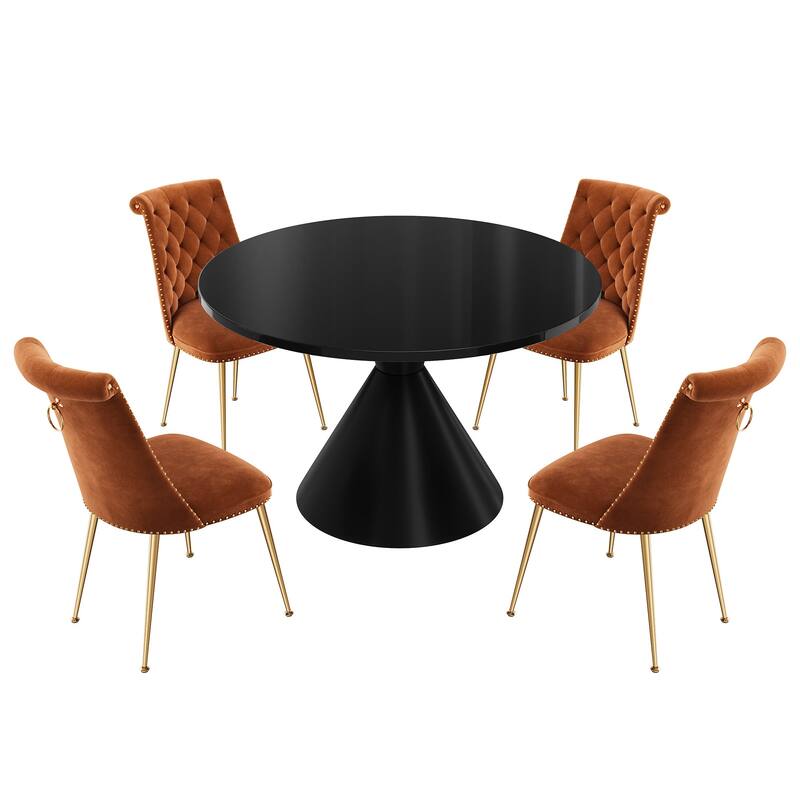 48" Light Luxury Black High Gloss Large Countertop Dining Table with Velvet Dining Chair Set - Coffee