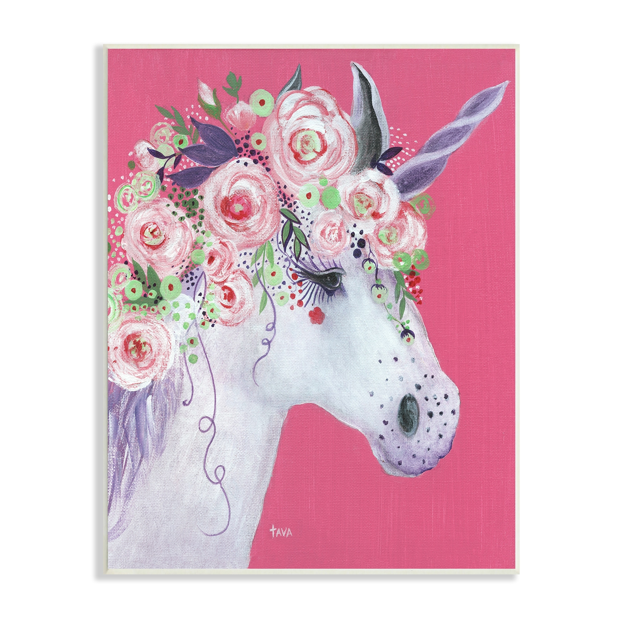 Stupell Industries Pink Florals Purple Unicorn Mythical Animal Portrait  Wood Wall Art