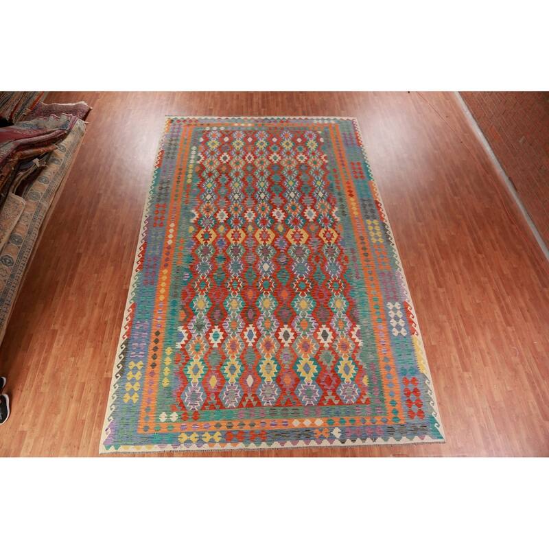 Geometric Kilim Oriental Large Rug Hand-Woven Bedroom Wool Carpet - 10'3"x 16'2"