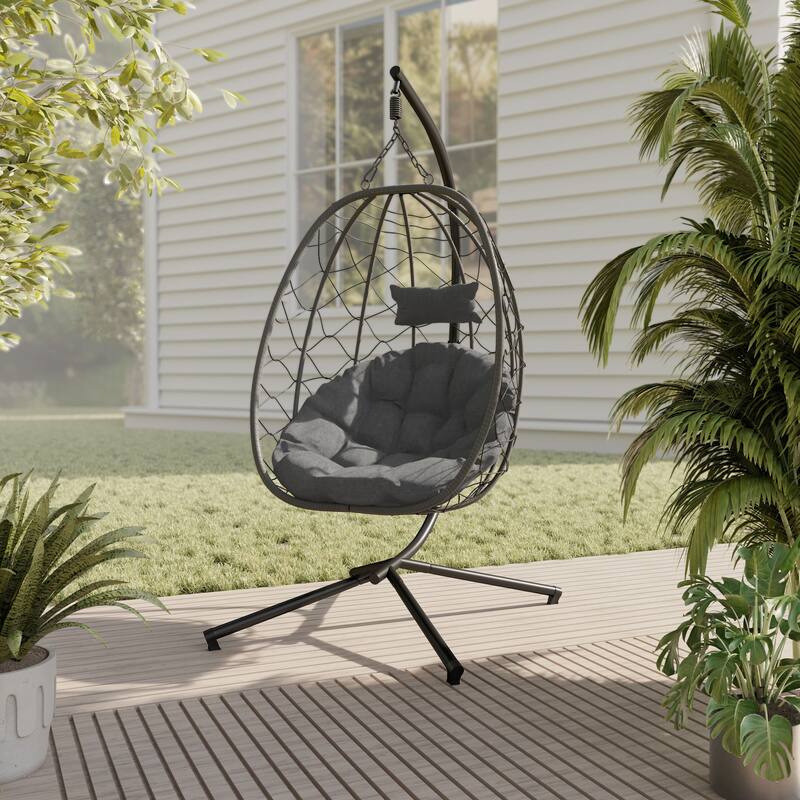 Summit Hanging Egg Swing Chair with Foldable Shell for Patio Balcony Backyard Garden Porch Home Office