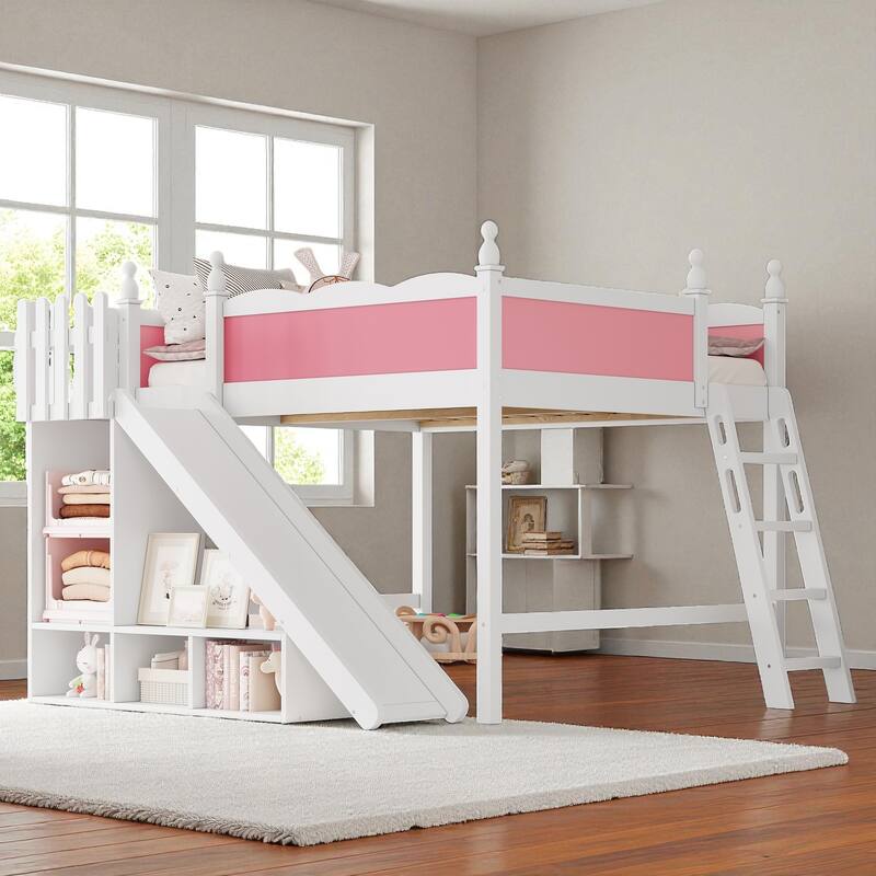 Full/Queen Loft Bed with Storage Shelves, Cabinet & Detachable Slide, Solid Wood Loft Bed with Ladders, No Box Spring