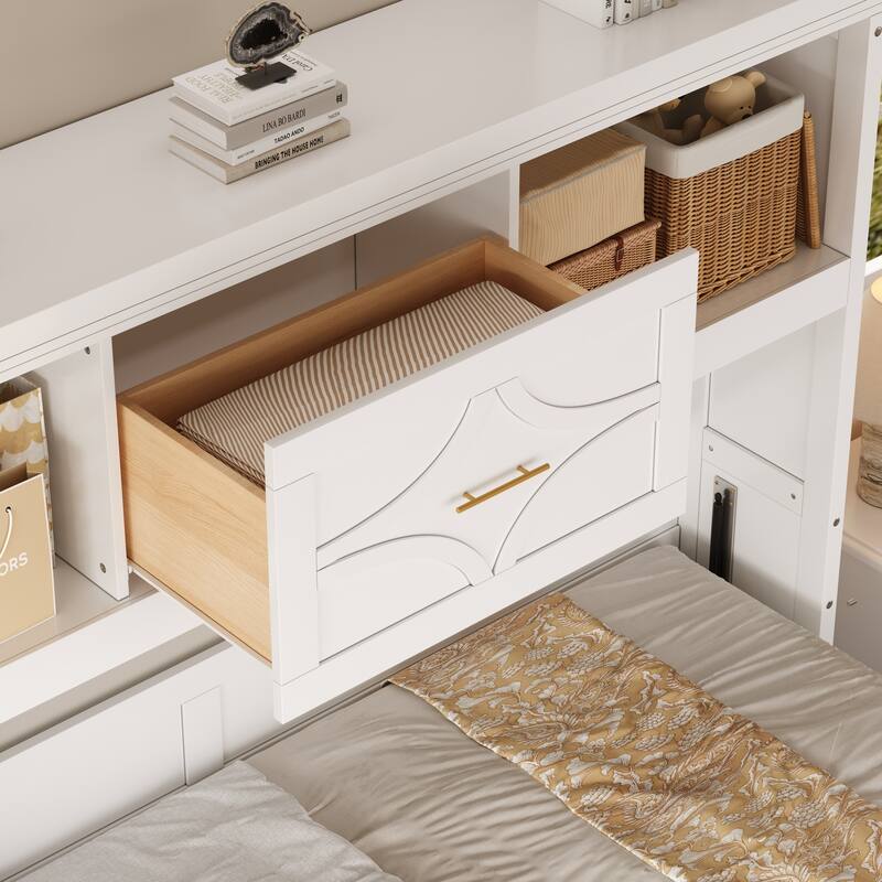 Compact Twin Murphy Bed with Charging Station, Drawer, and Storage Cabinets, White