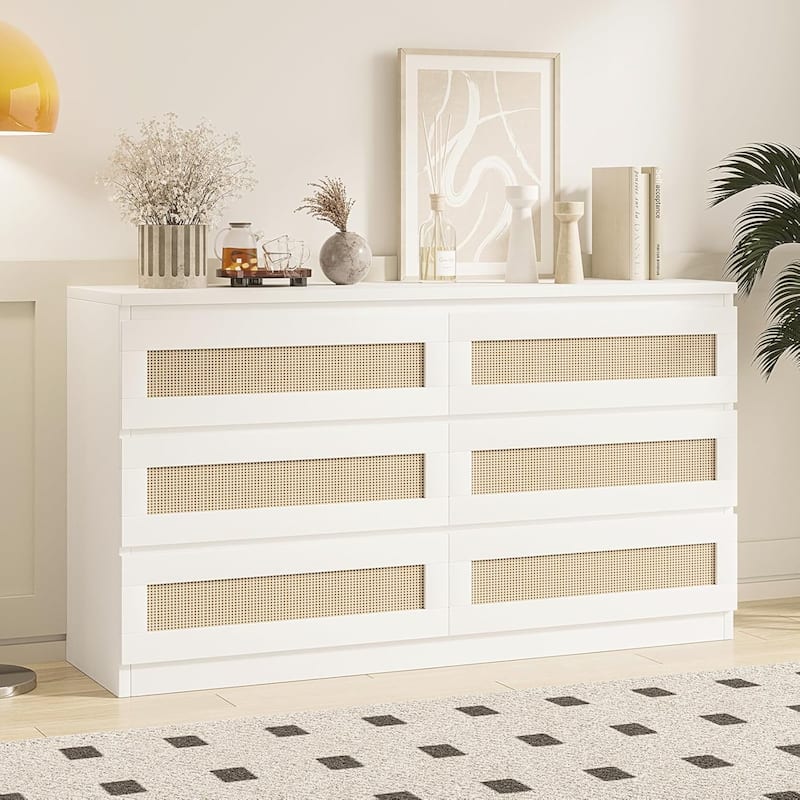 Rattan Dresser for Bedroom, 6 Drawer Double Dresser, Modern Wood Chest of Drawers