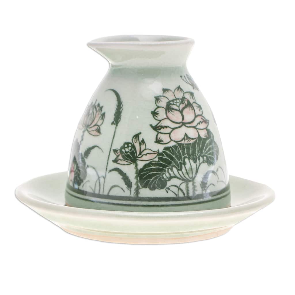 Novica Handmade Luxuriant Lotus Celadon Ceramic Milk Pitcher And Saucer