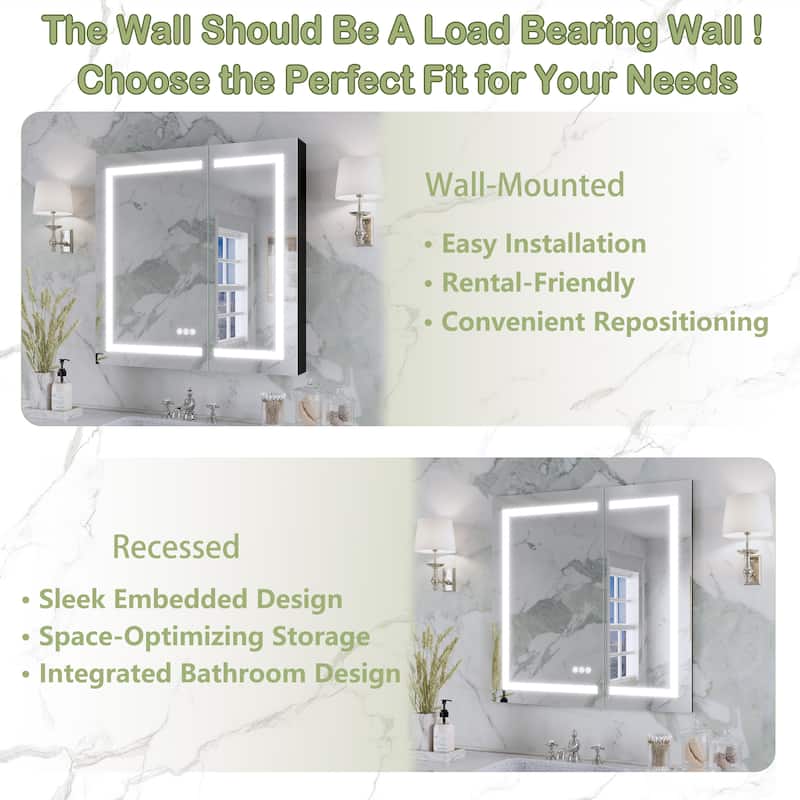 Rectangular Aluminum Recessed/Surface Mount Frameless Anti-Fog Medicine Cabinet with Dimmable LED Lights