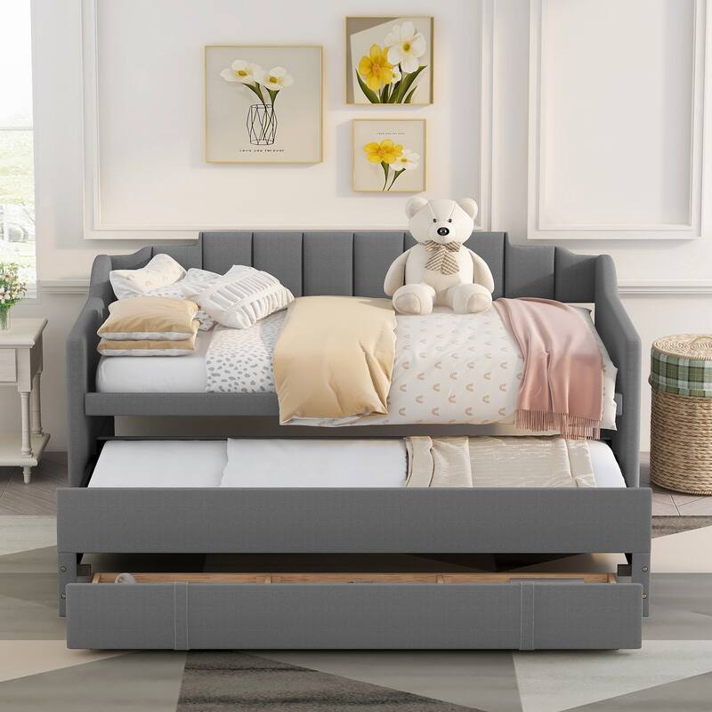 Twin Upholstered Daybed with Trundle and 3 Drawers, Solid Wood Sofa Bed Frame, No Need for Box Spring