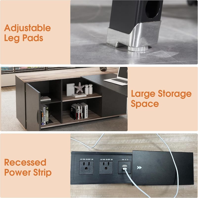 63" Modern Executive Desk with 47" lateral File Cabinet, L-Shaped Desk with Storage Shelves and Doors