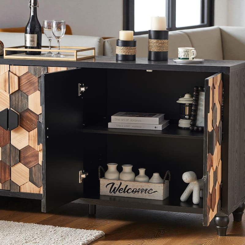 59" Modern Distressed Honeycomb Wood Storage Cabinet with Doors, Accent Buffet Sideboard for Living Room or Entryway