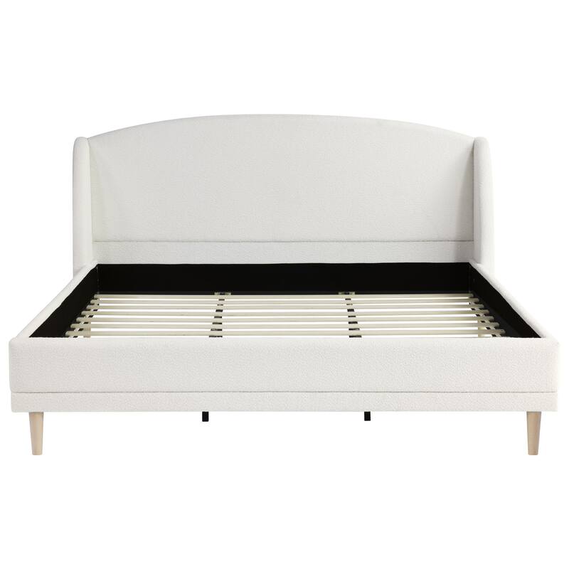 King Size Upholstered Platform Bed with Wingback Headboard, Boucle Fabric, White
