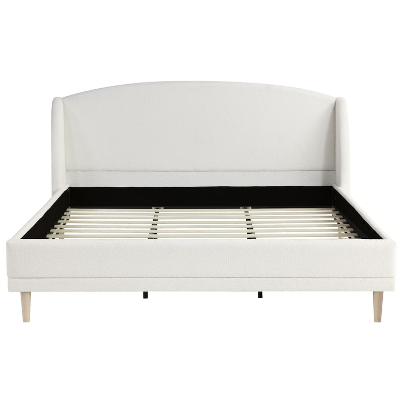 Upholstered Platform Bed with Wingback Curved-Shaped Headboard, Wood Bed Support and Slats, Boucle Fabric Bed Frame, White