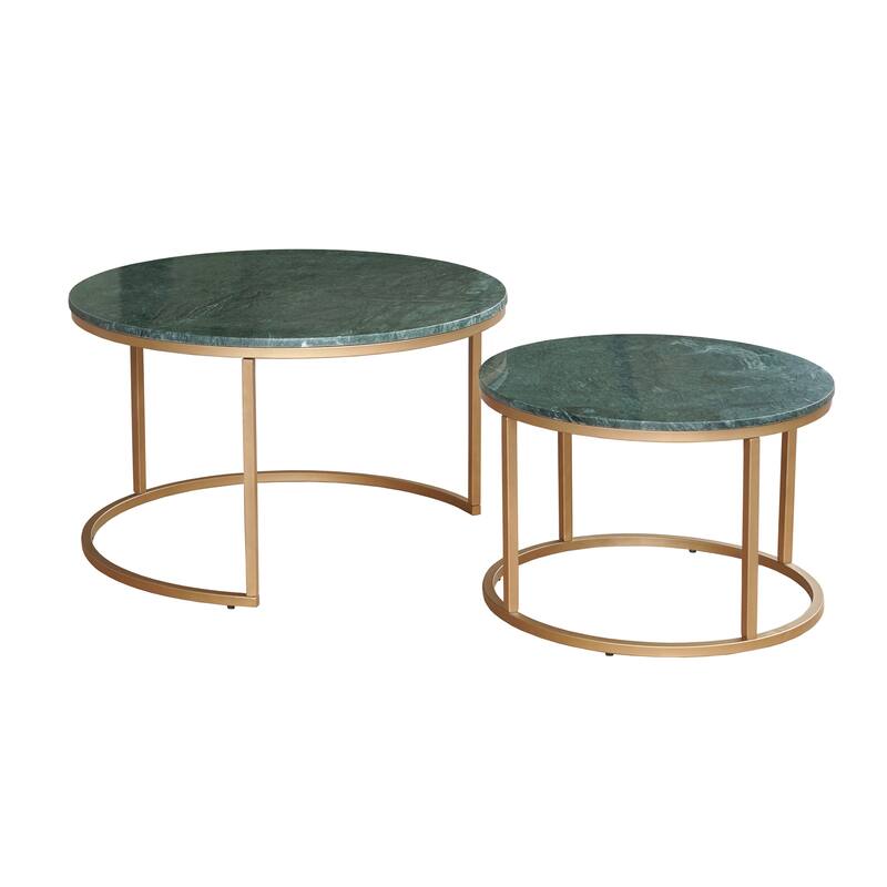 Walker Green Marble and Gold Round Nesting Coffee Table, 32"W x 32"D x 19"H by Sevita - 32"W x 32"D x 19"H