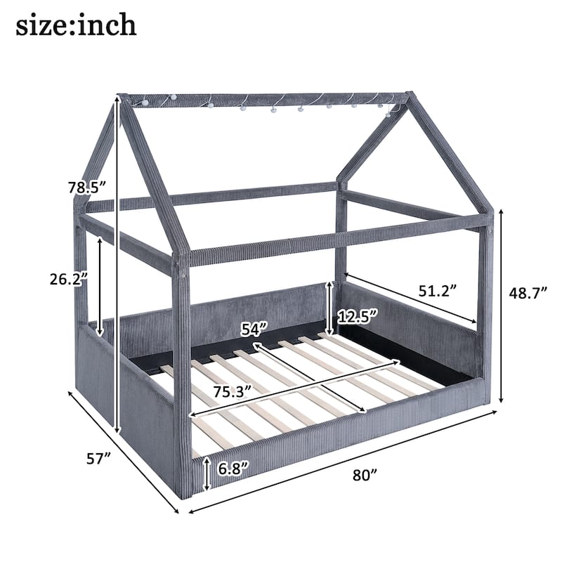 Corduroy Upholstered House Shaped Daybed, Lovely House Floor Bed with LED Light Strips, Full Size Floor Platform Sofa Bed Frame