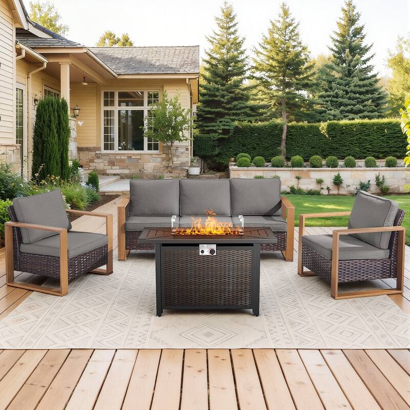 Meyreso Wicker Patio Conversation Set with Metal Fire Pit Table & Olefin Cushions