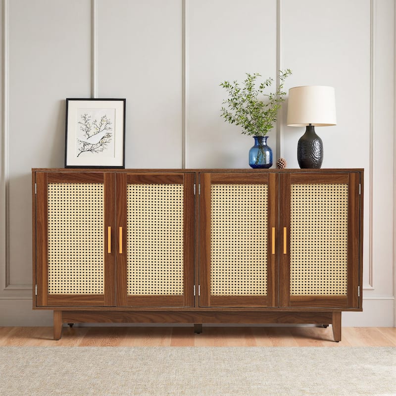 Wood TV Stand for up to 60" TVs with Four Rottan Doors