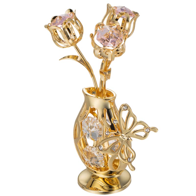Matashi 24K Gold Plated Crystal Studded Flower Ornament in a Vase with Decorative Butterfly for gifts and home decor