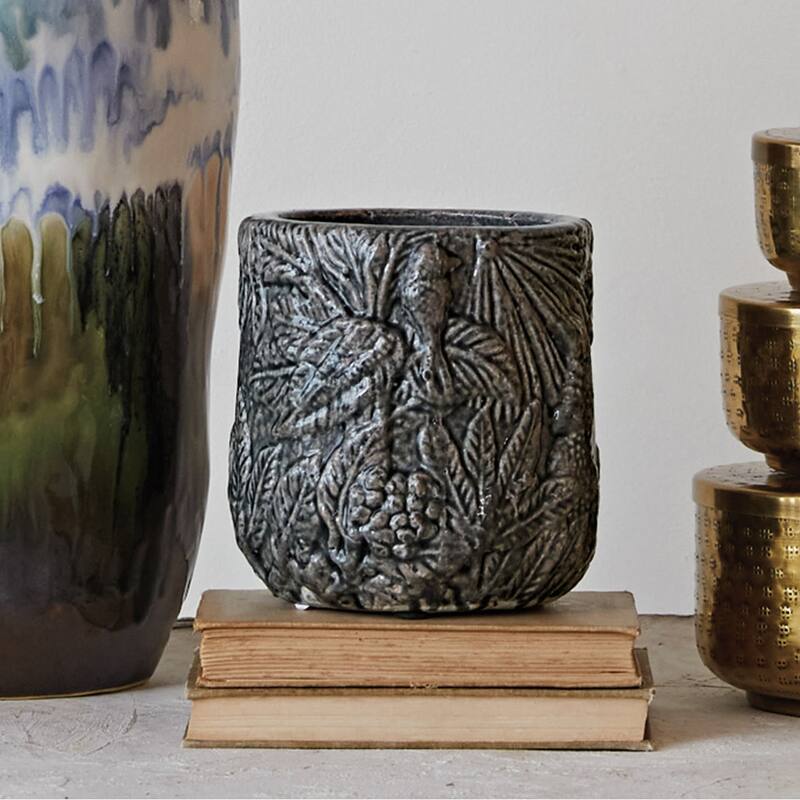 Decorative Terra-cotta Planter with Embossed Pattern - 7.1"L x 7.1"W x 6.8"H - 7.1"L x 7.1"W x 6.8"H - Grey