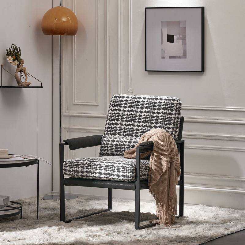 Modern Single Iron Frame Leisure Chair - Black And White - Houndstooth Honeycomb Skin