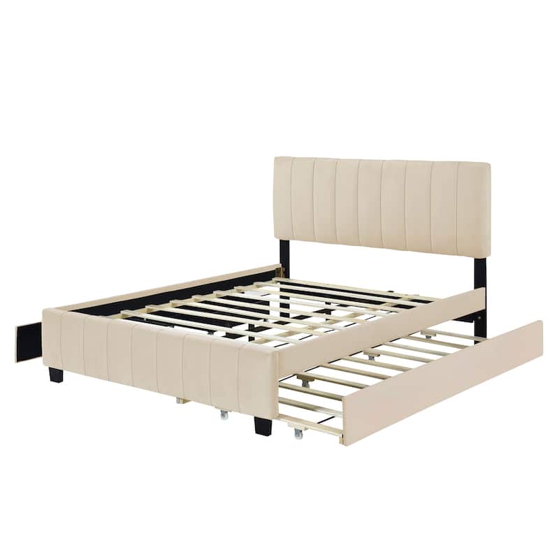 Velvet Upholstered Platform Bed with Pull-Out Twin XL Trundle & 2 Drawers/Queen Size Bed Frame with Tufted Headboard for Bedroom