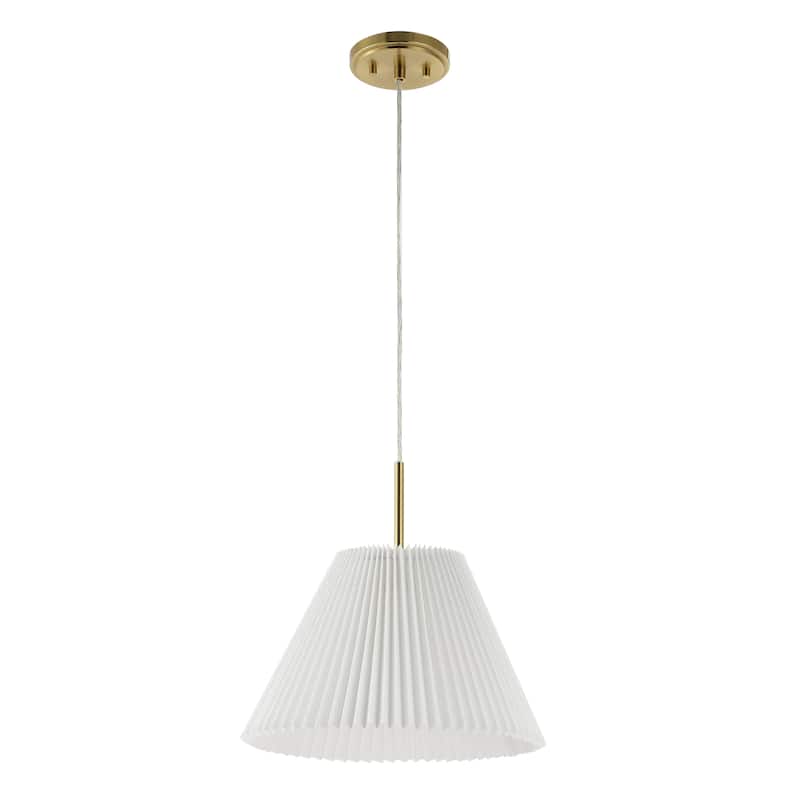 Boden 14.25" 1-Light Classic French Country Iron LED Pendant with Pleated Shade, Brass Gold/White, by JONATHAN Y