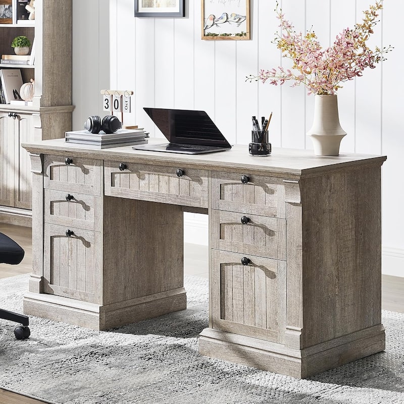 Farmhouse Computer Desk, Wood Home Office Desk with Charging Station - Light Rustic Oak