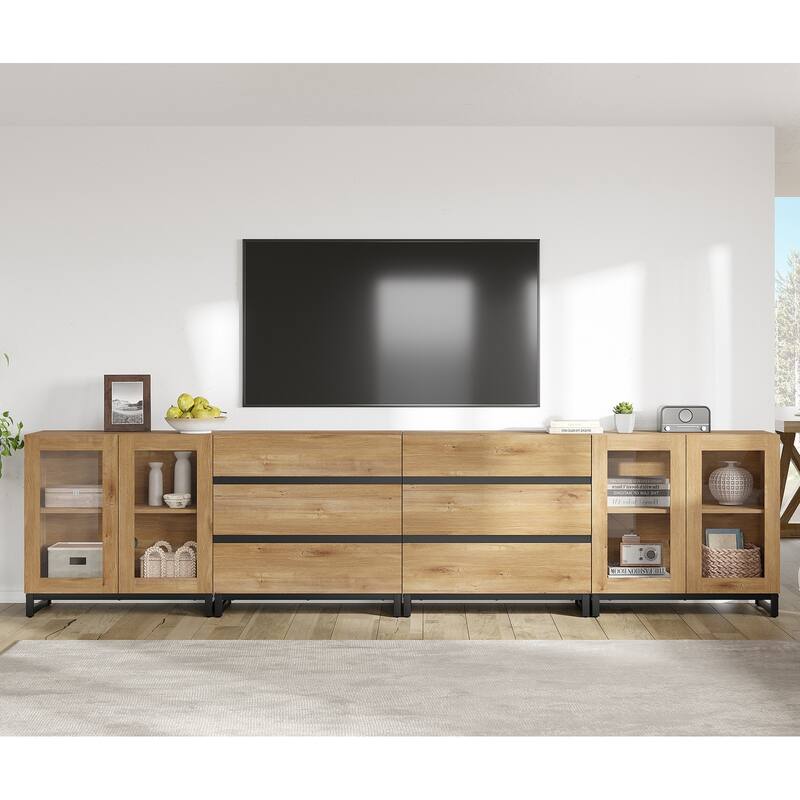 4-in-1 TV Stand for 120" TVs, Entertainment Center with Glass Doors & 6 Drawers