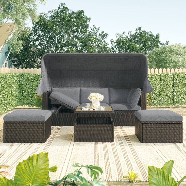 Outdoor Patio Rectangle Daybed with Retractable Canopy with Cushions - Grey