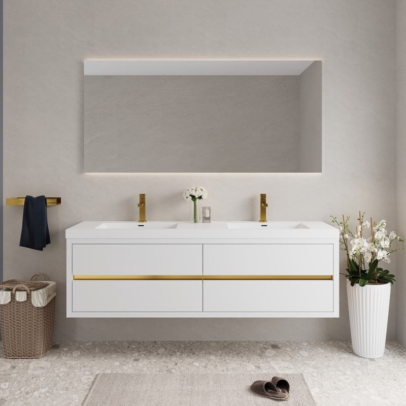 ABRUZZO 72" Floating Bathroom Vanity Double Sink with Stone Resin Top Four Soft Close Drawers - Glossy White