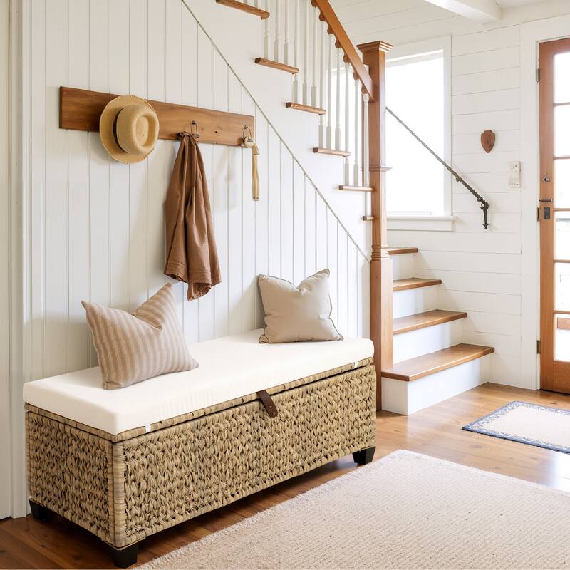 Wicker Storage Bench with Cushion for Bedroom, Living Room, Porch - 18.5'' H X 43.3'' W X 18.5'' D