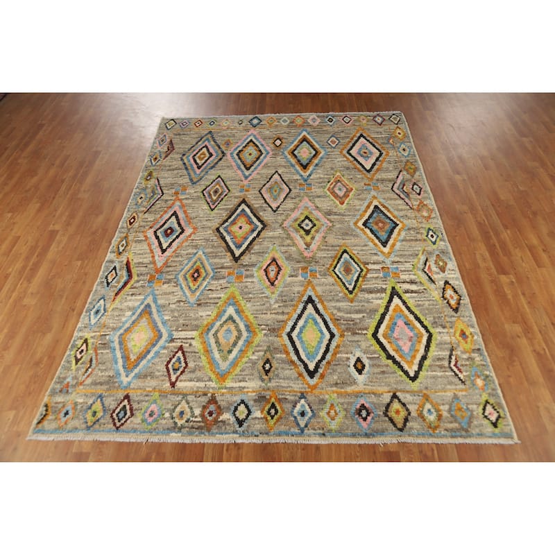 Multi-Color Geometric Moroccan Oriental Rug Hand-Knotted Wool Carpet - 7'0" x 9'7"