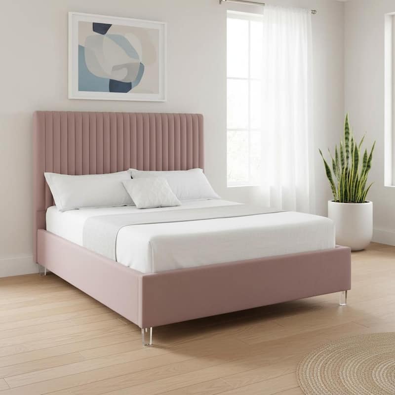 HomeRoots Blush Tufted Velvet Upholstered Queen Bed Frame - Queen - Blush