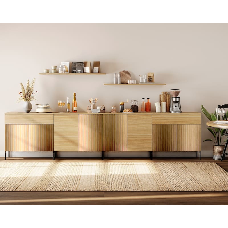 126" Modern Reeded 8-Door Sideboard With Drawers, 4-In-1 Wooden Credenza - Oak