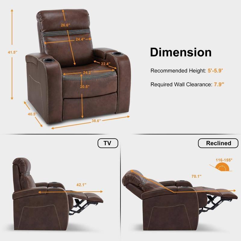 MCombo Power Recliner Chair, Home Theater Seating with Adjustable Headrest, USB Port and LED Light, Faux Leather HTS400