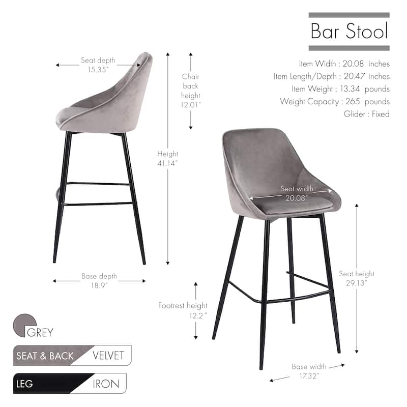Porthos Home Ugo Bar Stools Set of 2, Velvet Upholstery, Iron Legs