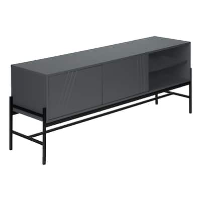 Modern 60-Inch TV Console, Black Metal Frame & Grey Laminate, Storage Cabinet with Open Shelf & Wire Management