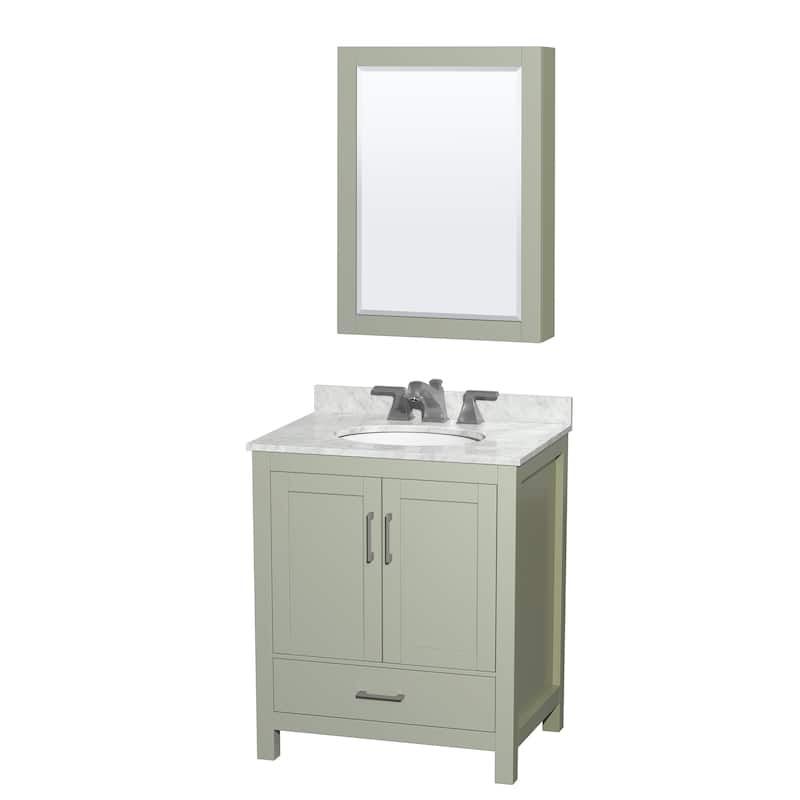 Wyndham Collection Sheffield Single Vanity Set, Medicine Cabinet - 30-Inch Single - Light Green, White Carrara Marble Top, Nickel Trim